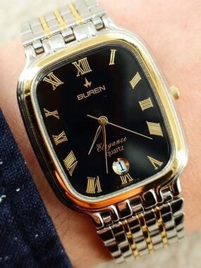 Buren Elegance Quartz Rectangular Dress Watch Black Dial Roman 29mm Unisex Tank